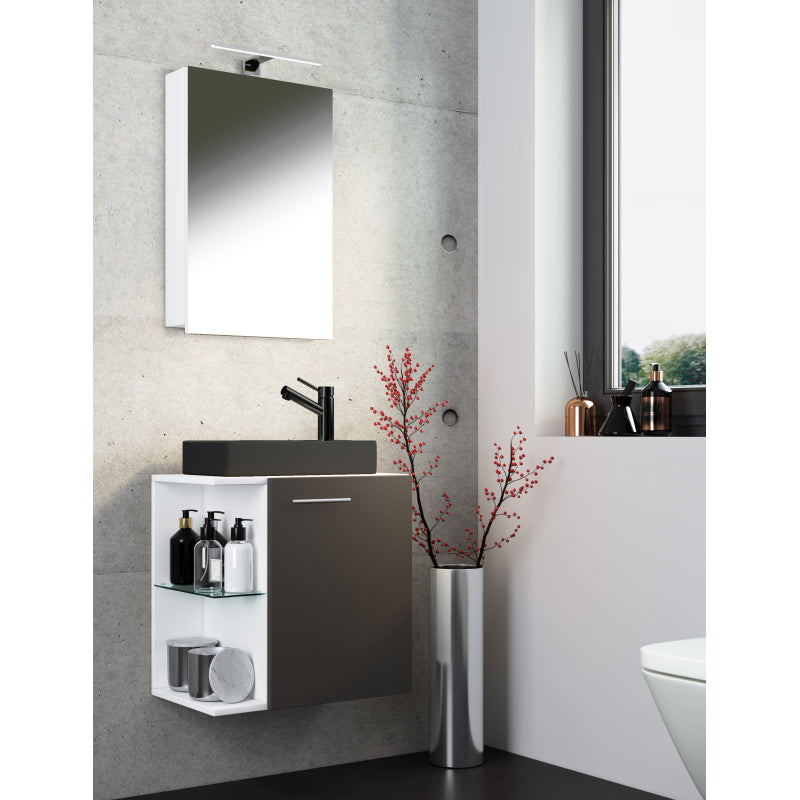Oasi Mobile Sospeso con lavabo in ceramica di alta qualità e mobile specchio, Bianco/Antracite , lavabo Nero