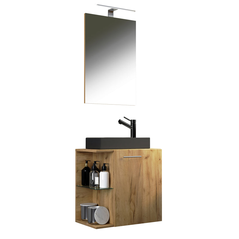 Oasi Mobile Sospeso con lavabo in ceramica di alta qualità e specchio, Rovere miele , lavabo Nero