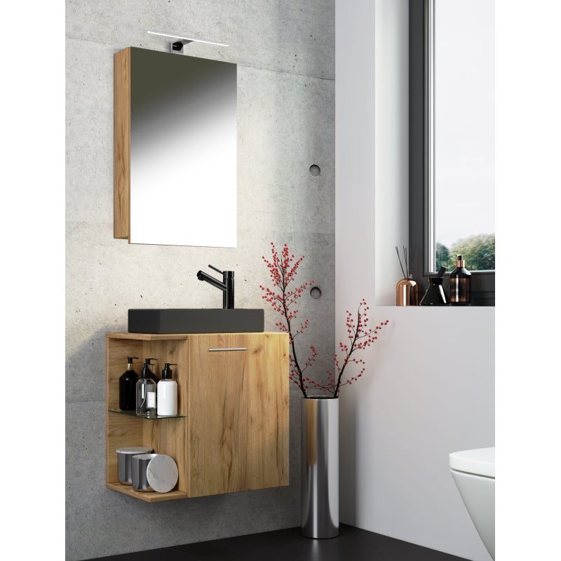 Oasi Mobile Sospeso con lavabo in ceramica di alta qualità e mobile specchio, Rovere miele , lavabo Nero