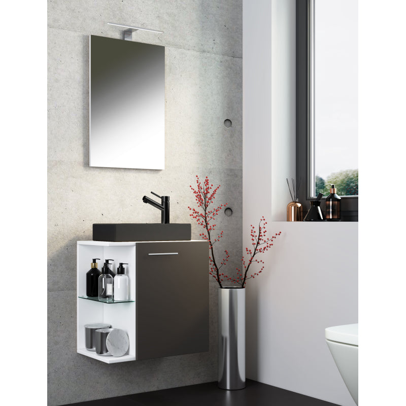 Oasi Mobile Sospeso con lavabo in ceramica di alta qualità e specchio, Bianco/Antracite , lavabo Nero