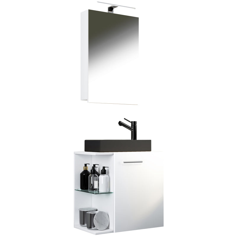Oasi Mobile Sospeso con lavabo in ceramica di alta qualità e mobile specchio, Bianco , lavabo Nero