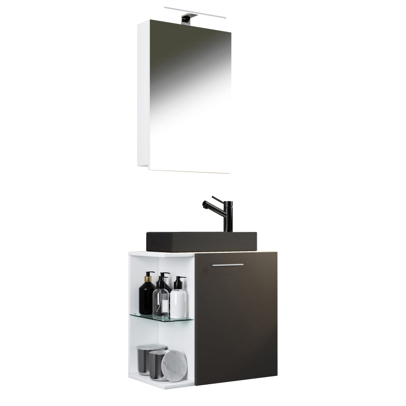 Oasi Mobile Sospeso con lavabo in ceramica di alta qualità e mobile specchio, Bianco/Antracite , lavabo Nero