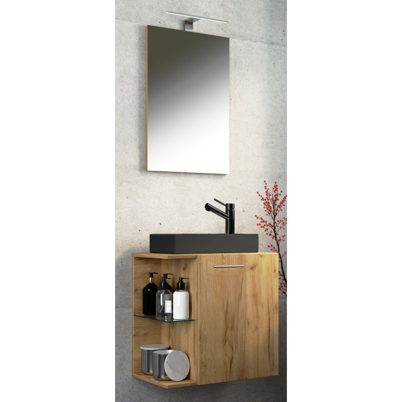 Oasi Mobile Sospeso con lavabo in ceramica di alta qualità e specchio, Rovere miele , lavabo Nero