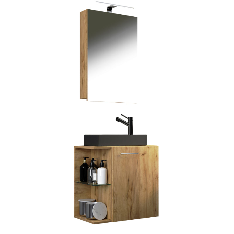 Oasi Mobile Sospeso con lavabo in ceramica di alta qualità e mobile specchio, Rovere miele , lavabo Nero