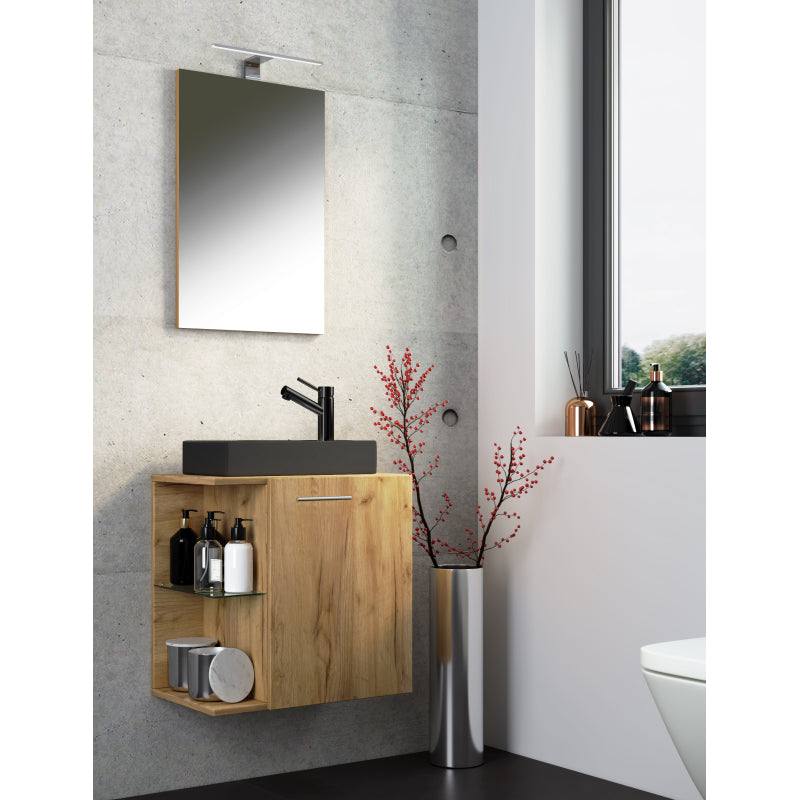 Oasi Mobile Sospeso con lavabo in ceramica di alta qualità e specchio, Rovere miele , lavabo Nero
