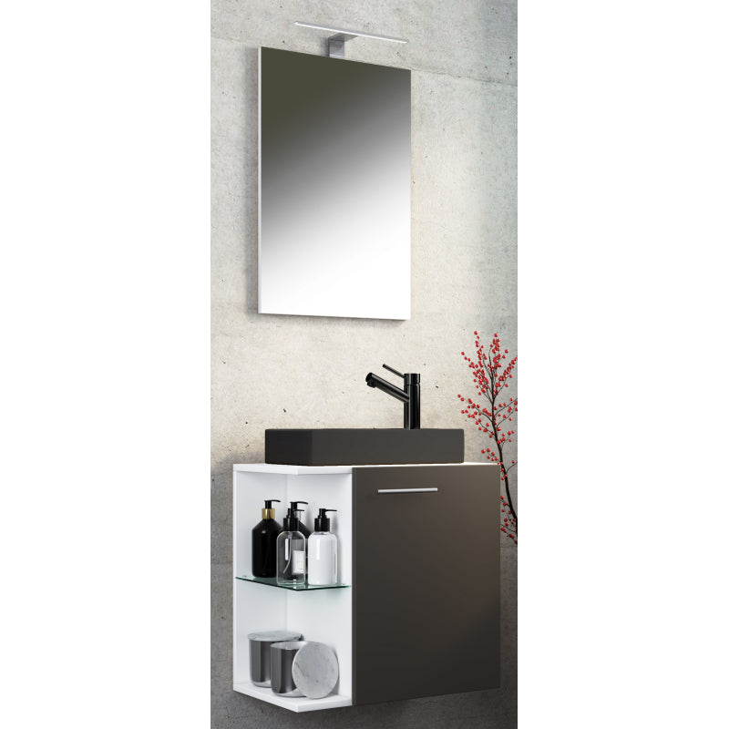Oasi Mobile Sospeso con lavabo in ceramica di alta qualità e specchio, Bianco/Antracite , lavabo Nero