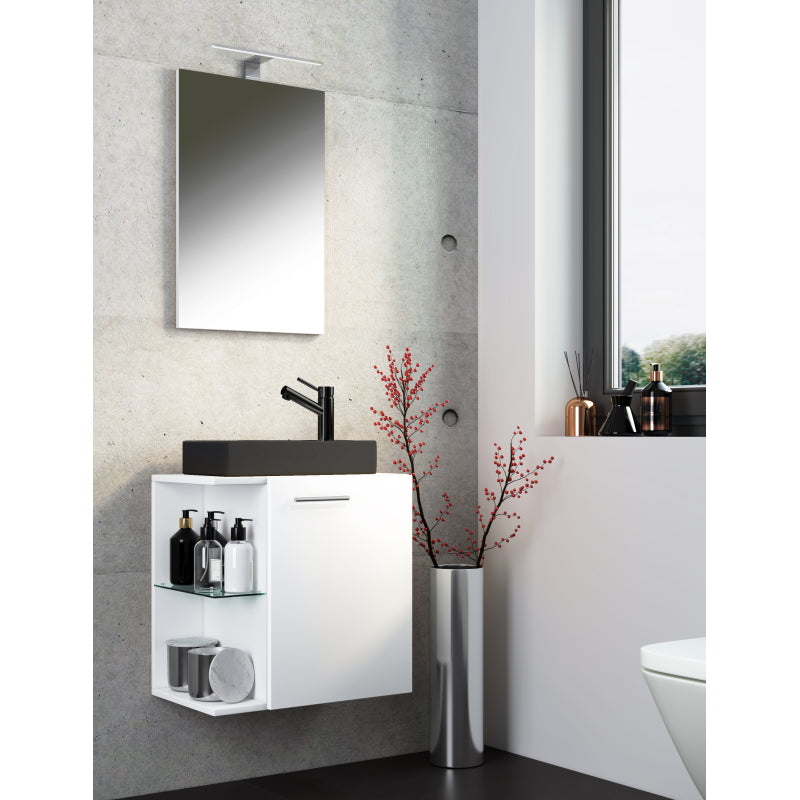 Oasi Mobile Sospeso con lavabo in ceramica di alta qualità e specchio, Bianco , lavabo Nero