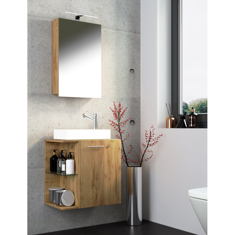 Oasi di Ezooza Mobile Sospeso con lavabo in ceramica di alta qualità e mobile specchio, Rovere miele , lavabo Bianco