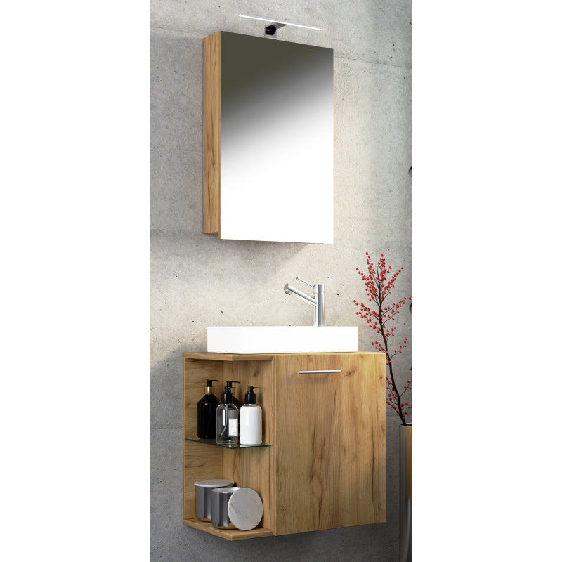 Oasi di Ezooza Mobile Sospeso con lavabo in ceramica di alta qualità e mobile specchio, Rovere miele , lavabo Bianco