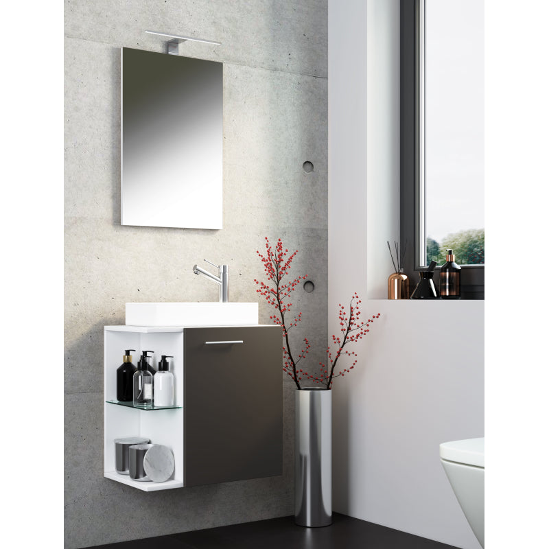 Oasi Mobile Sospeso con lavabo in ceramica di alta qualità e specchio, Bianco/Antracite , lavabo Bianco