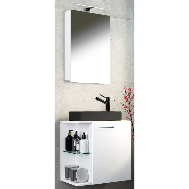 Oasi Mobile Sospeso con lavabo in ceramica di alta qualità e mobile specchio, Bianco , lavabo Nero