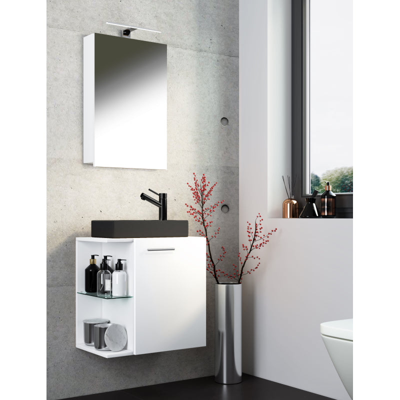 Oasi Mobile Sospeso con lavabo in ceramica di alta qualità e mobile specchio, Bianco , lavabo Nero