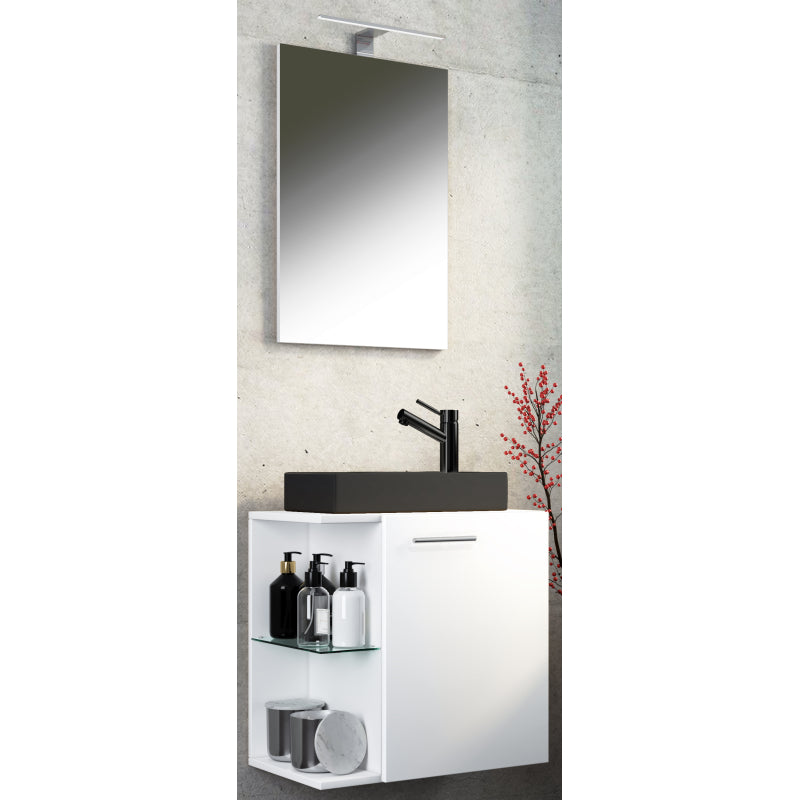 Oasi Mobile Sospeso con lavabo in ceramica di alta qualità e specchio, Bianco , lavabo Nero