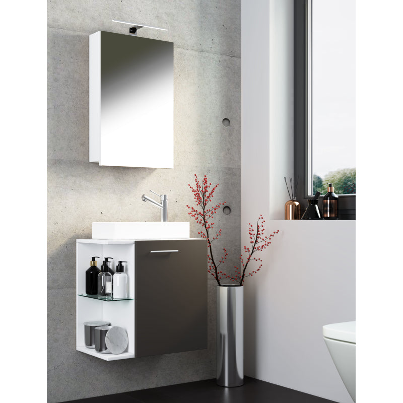 Oasi di Ezooza Mobile Sospeso con lavabo in ceramica di alta qualità e mobile specchio, Bianco/Antracite , lavabo Bianco