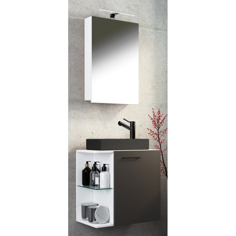 Oasi Mobile Sospeso con lavabo in ceramica di alta qualità e mobile specchio, Bianco/Antracite , lavabo Nero