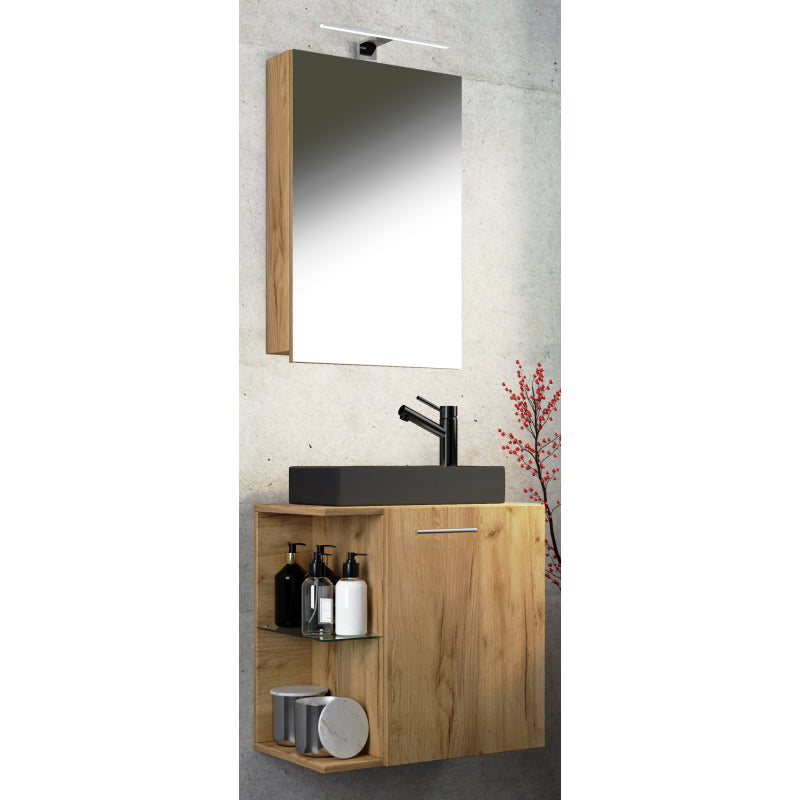 Oasi Mobile Sospeso con lavabo in ceramica di alta qualità e mobile specchio, Rovere miele , lavabo Nero