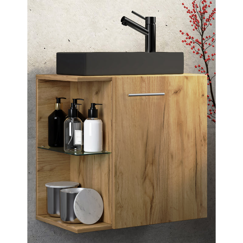 Oasi di Ezooza Mobile Sospeso con lavabo in ceramica di alta qualità, Rovere miele , lavabo Nero