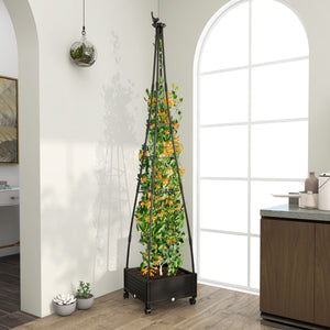 Obelisco da giardino con traliccio per piante rampicanti, Supporto per piante alto con sistema di auto-drenaggio Nero-Fioriere