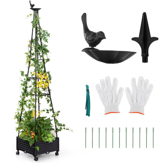 Obelisco da giardino con traliccio per piante rampicanti, Supporto per piante alto con sistema di auto-drenaggio Nero-Fioriere