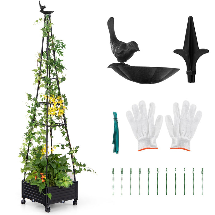 Obelisco da giardino con traliccio per piante rampicanti, Supporto per piante alto con sistema di auto-drenaggio Nero-Fioriere