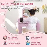 Set Toeletta per Bambina con Specchio Trucco e Sgabello Abbinato in Legno, Cassetto e Contenitori, Rosa