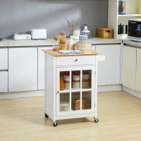 Carrello da Cucina Multiuso con 4 Ruote, in Legno Bianco, 67x48x86.5cm