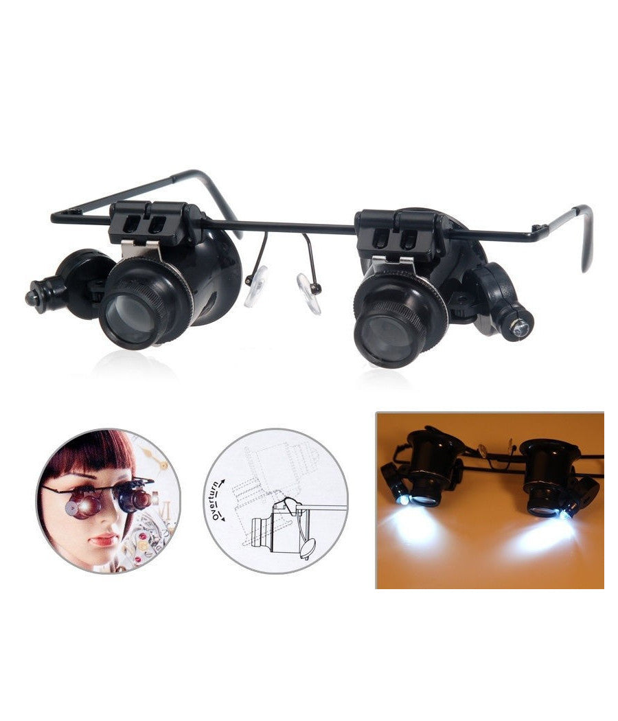 Occhiali Lente Ingrandimento 20 X Di Precisione Oculari 4 Lenti Luci Led 9892a         