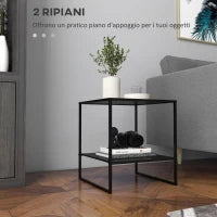 Tavolino da Caffè in Stile Industriale in Acciaio a 2 Ripiani, 40x40x45cm, Nero