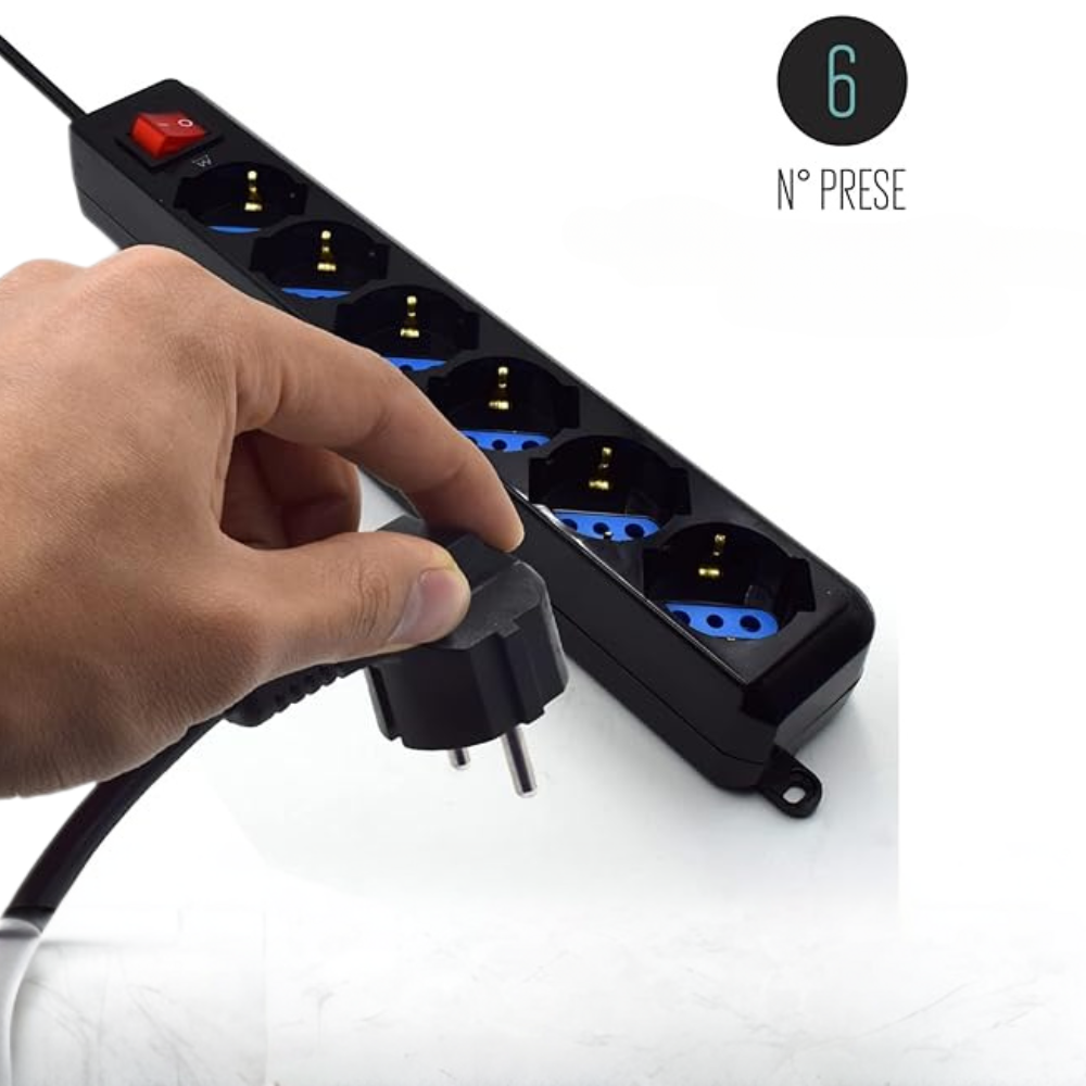 Multipresa 6 posti schuko con interrutore spina 16a colore nero