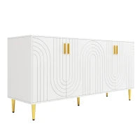 Credenza cucina design unico a onde con 4 ante e 2 cassetti, maniglie e piedi dorati, in MDF, 152×40×75 cm, Bianco