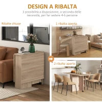 Tavolo Pieghevole con 2 Ribalte per 6 Persone con Ripiani e Rotelle Integrate, Legno Naturale