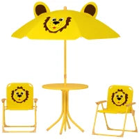 Set da Giardino per Bambini 2-5 Anni con Tavolino Rotondo, 2 Sedie Pieghevoli e un Ombrellone, Giallo