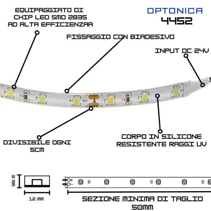 Striscia led optonica 2835 24v ip65 20w impermeabile dimmerabile 5m *** temperatura colore lampada 4000k bianco natur...