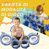 Set Batteria per Bambini con Grancassa con Pedale, Tamburi, Piatto e Sgabello, Età 3-6 Anni, Blu
