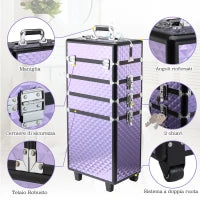Valigia Porta Trucchi Professionale, Trolley Makeup da Viaggio in Alluminio, 2 Ruote, Viola 33.5x23x76/95.5cm
