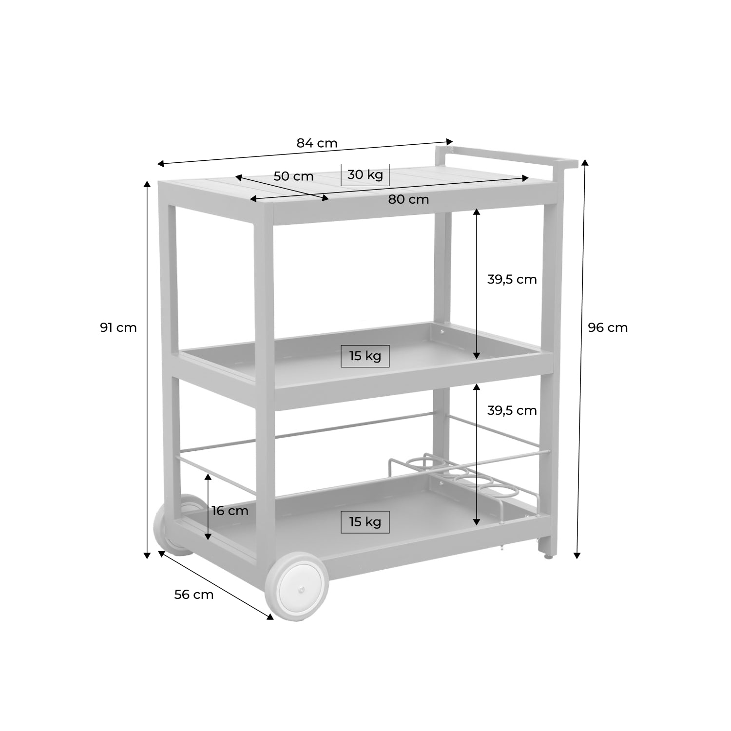 Carrello da cucina in alluminio con ruote e maniglia, 84cm, antracite