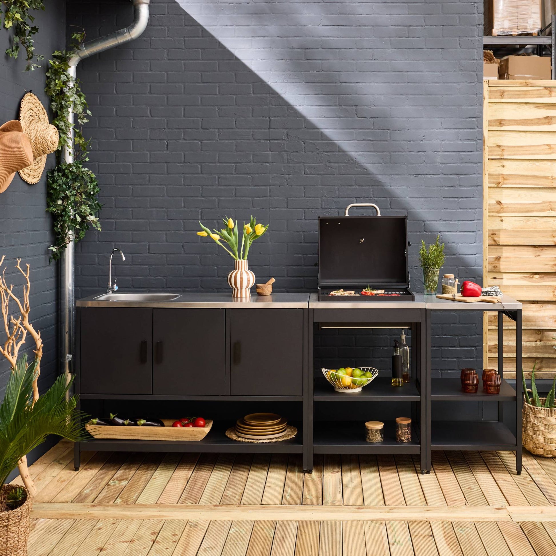 Cucina esterna acciaio inossidabile con barbecue a carbone, 3 moduli,