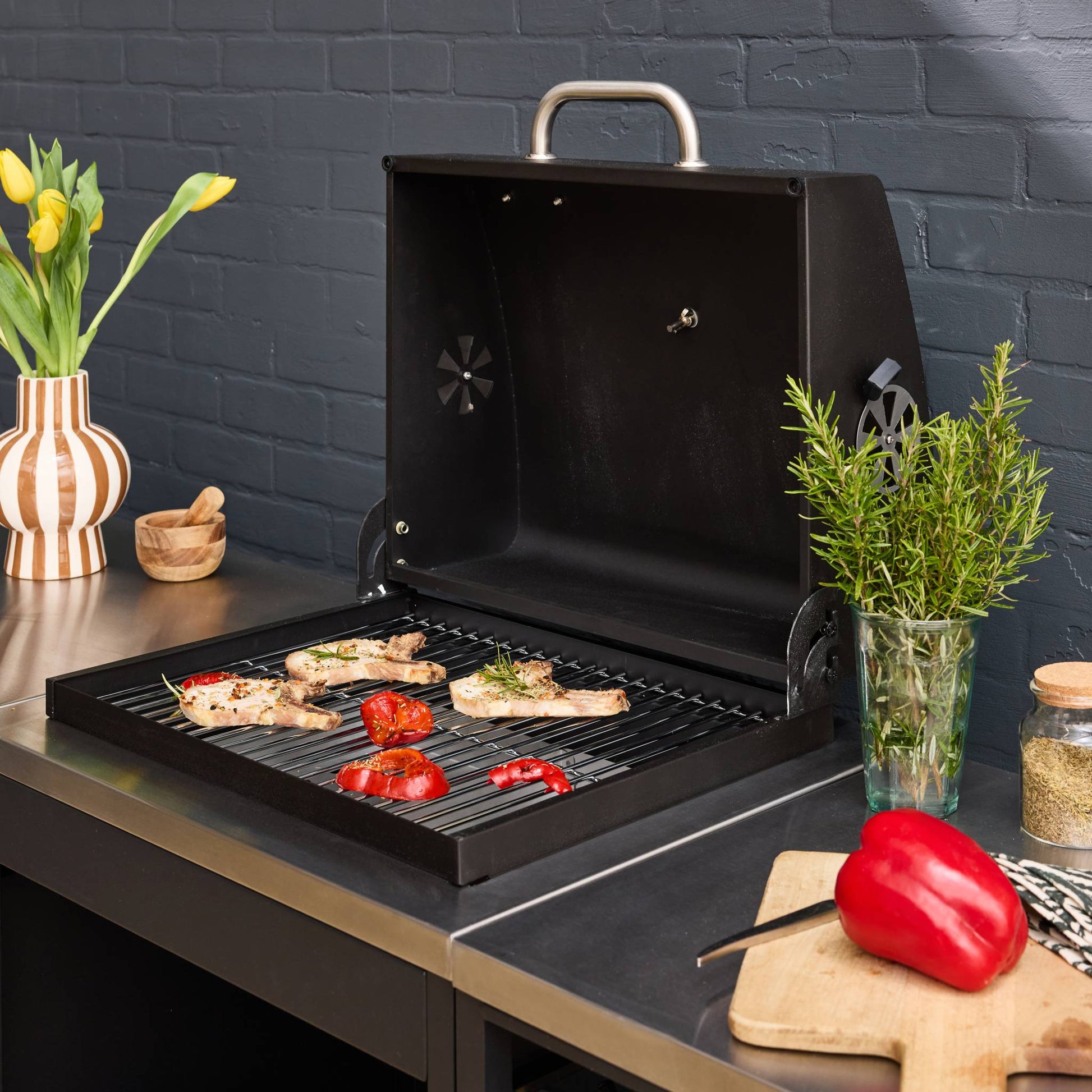 Cucina esterna acciaio inossidabile con barbecue a carbone, 3 moduli,