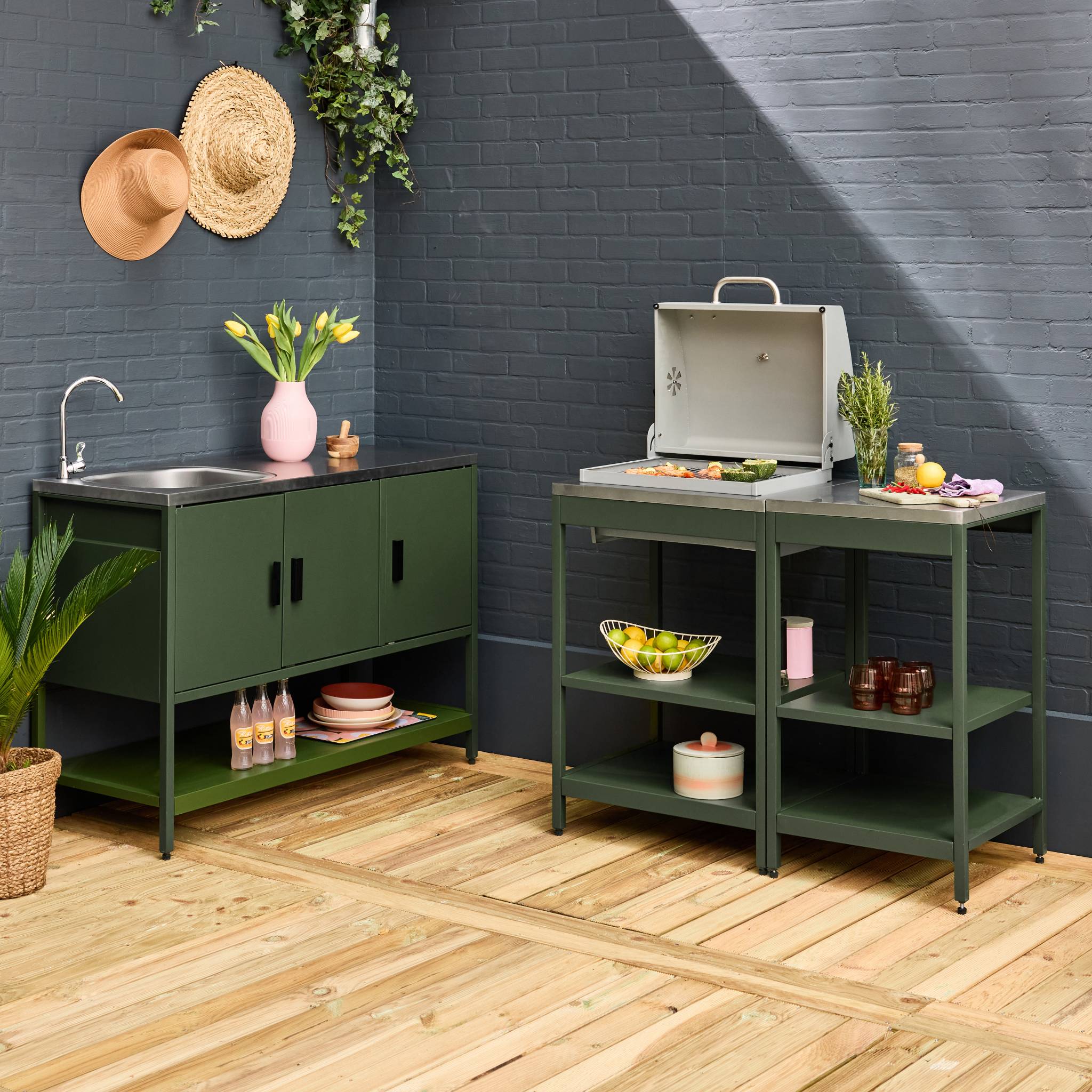 Cucina esterna acciaio inossidabile con barbecue a carbone, 3 moduli,