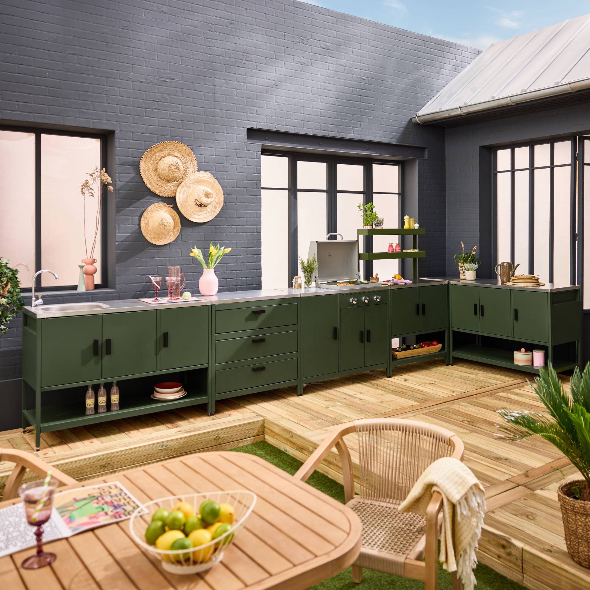 Cucina esterna 5 moduli con barbecue a gas 3 bruciatori, verde