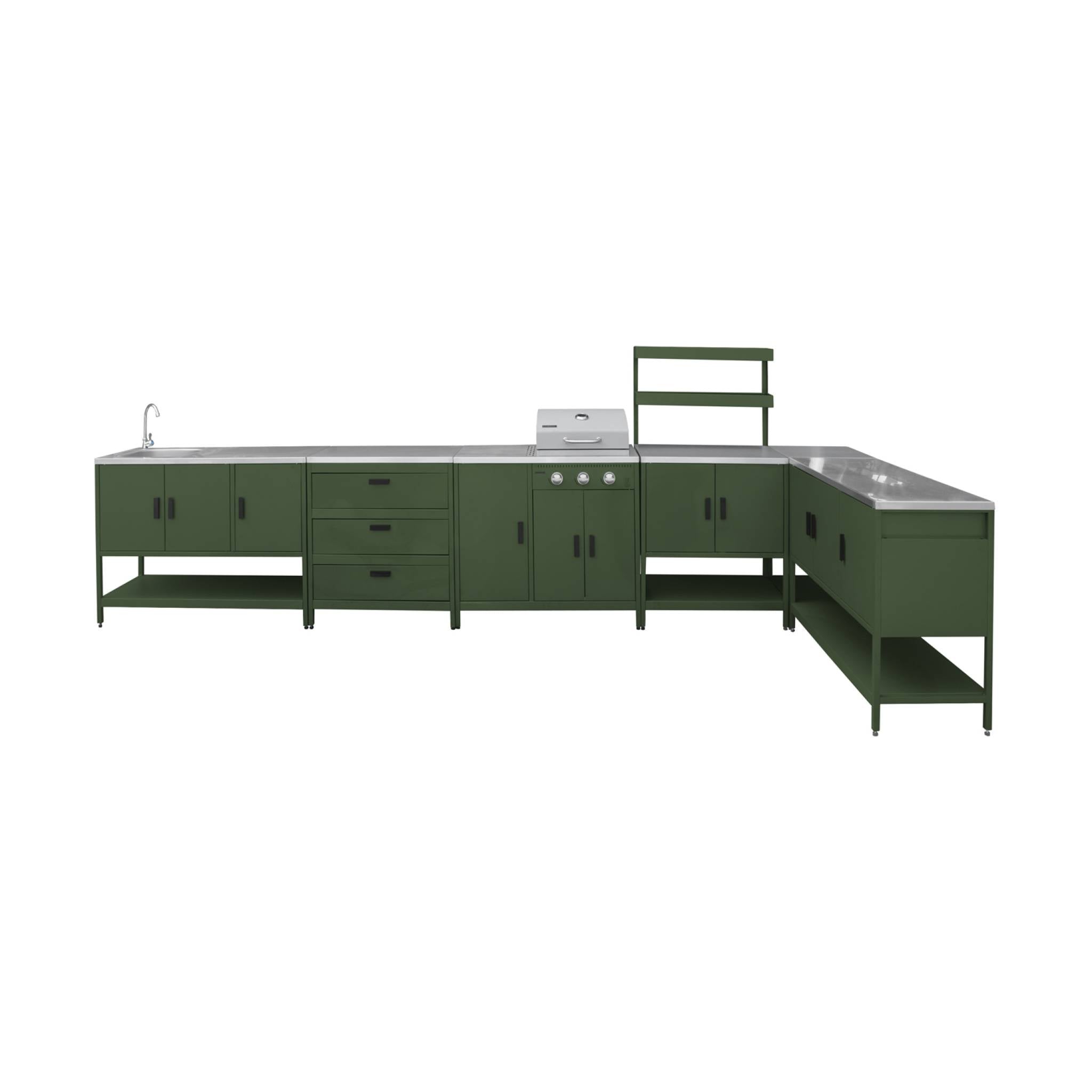 Cucina esterna 5 moduli con barbecue a gas 3 bruciatori, verde
