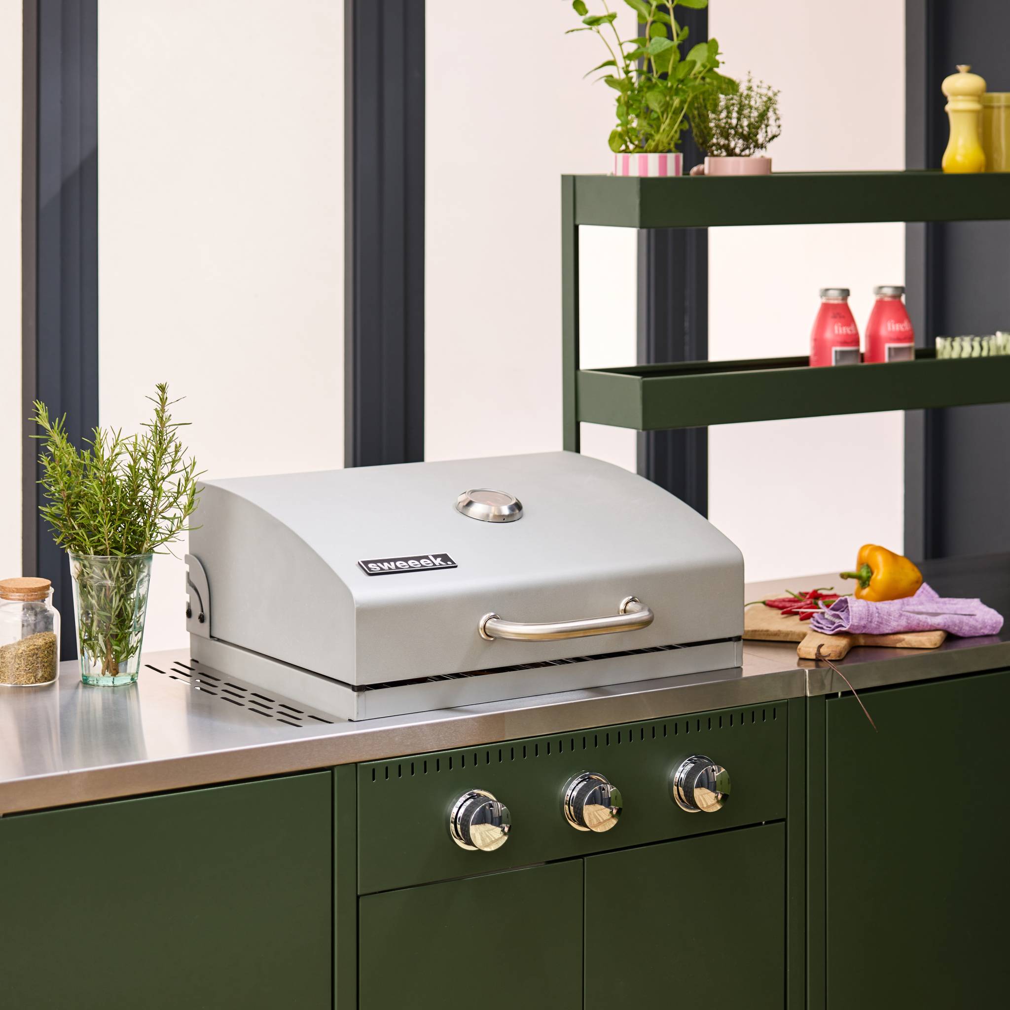 Cucina esterna 5 moduli con barbecue a gas 3 bruciatori, verde