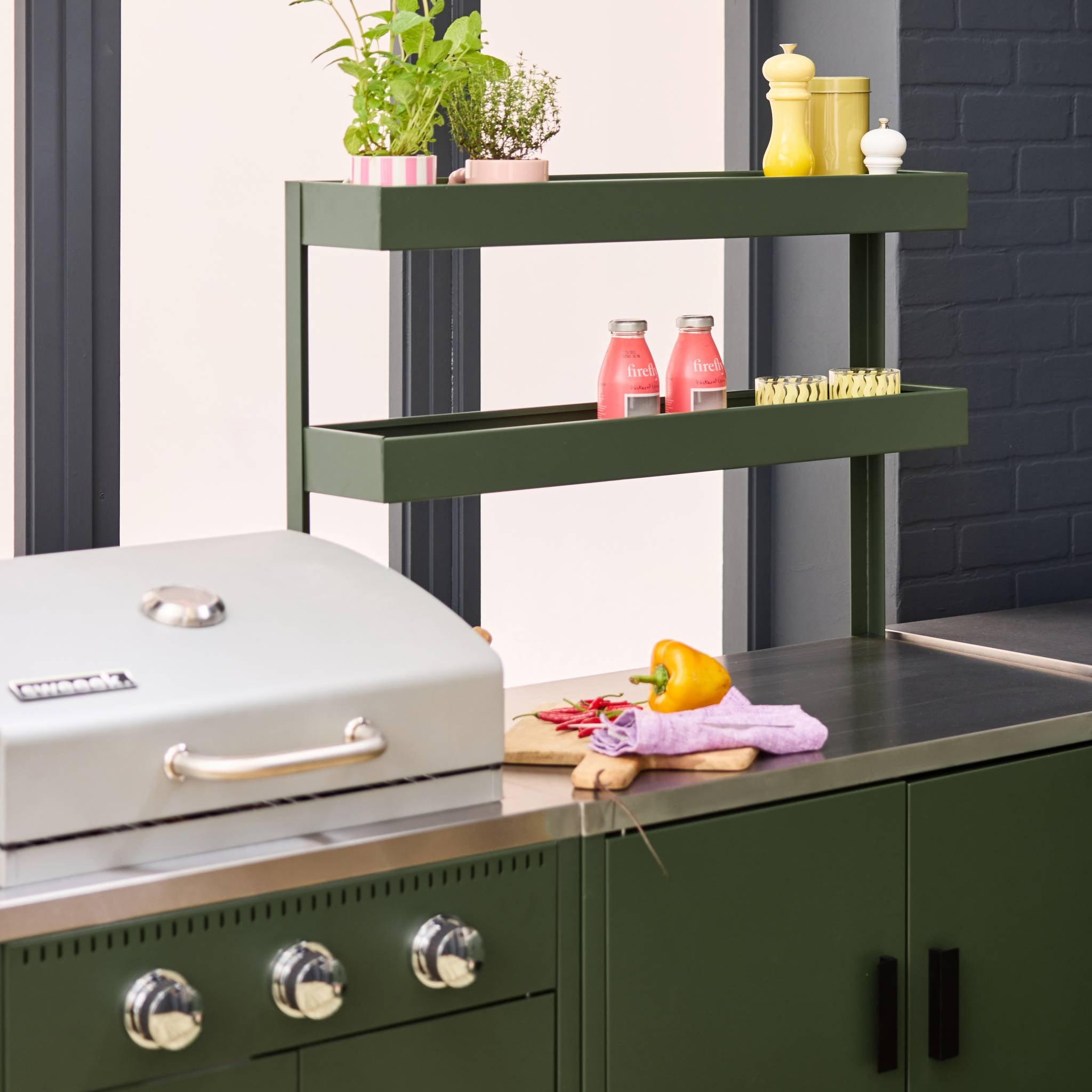 Cucina esterna 5 moduli con barbecue a gas 3 bruciatori, verde