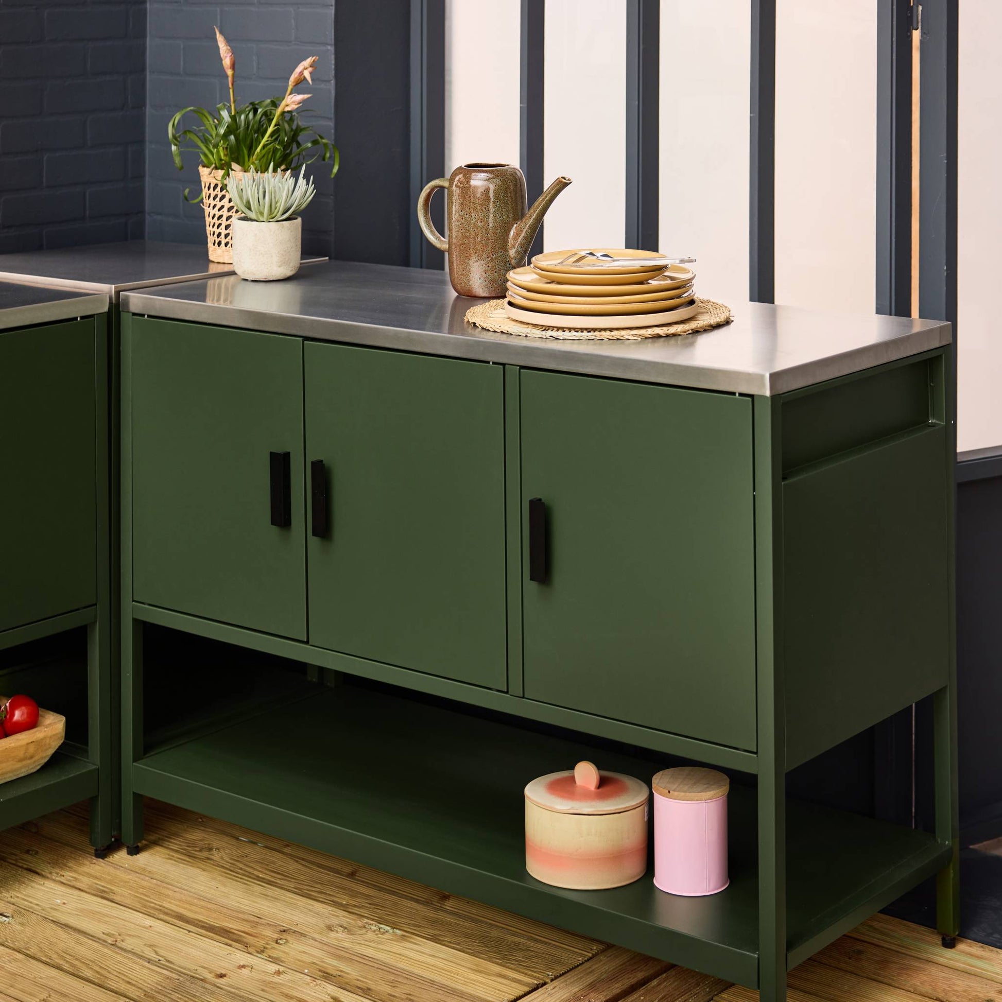 Cucina esterna 5 moduli con barbecue a gas 3 bruciatori, verde