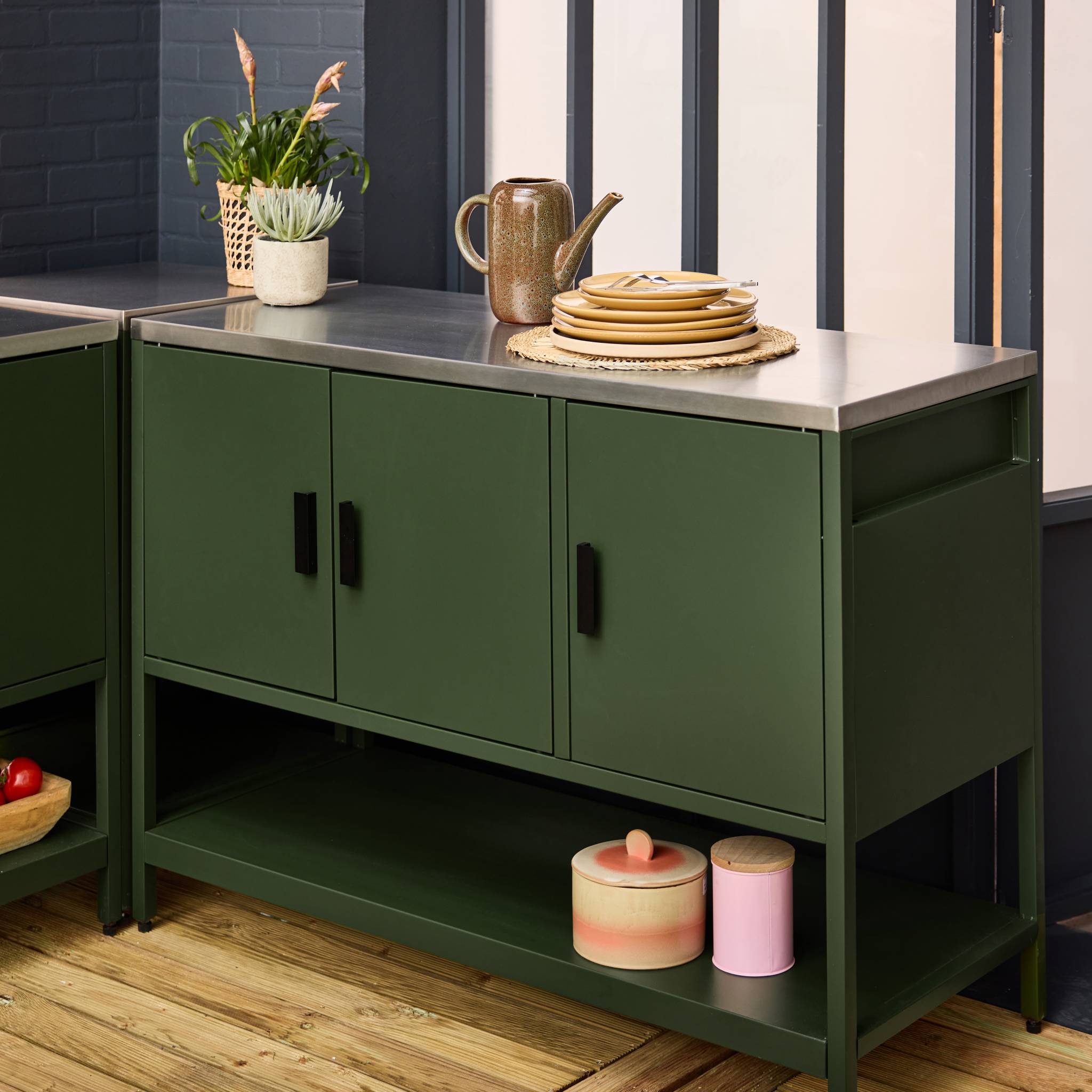 Cucina esterna 5 moduli con barbecue a gas 3 bruciatori, verde