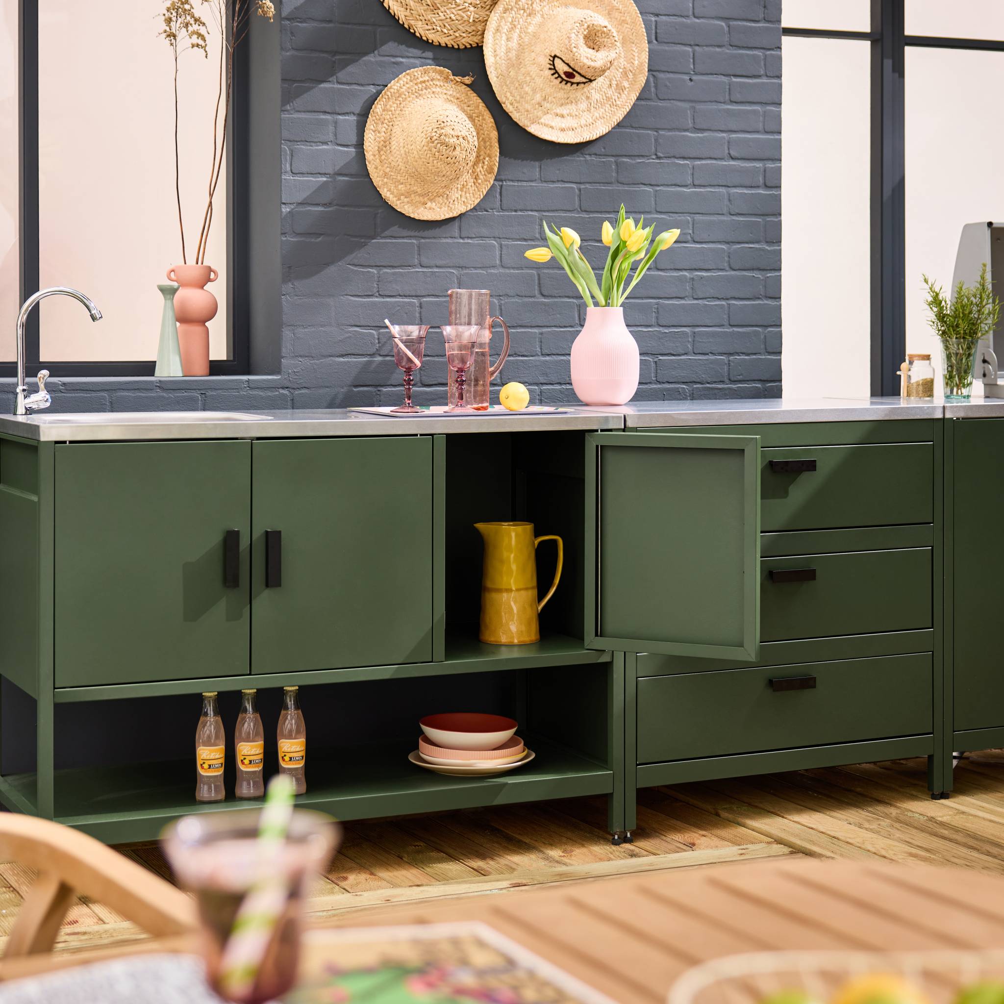 Cucina esterna 5 moduli con barbecue a gas 3 bruciatori, verde