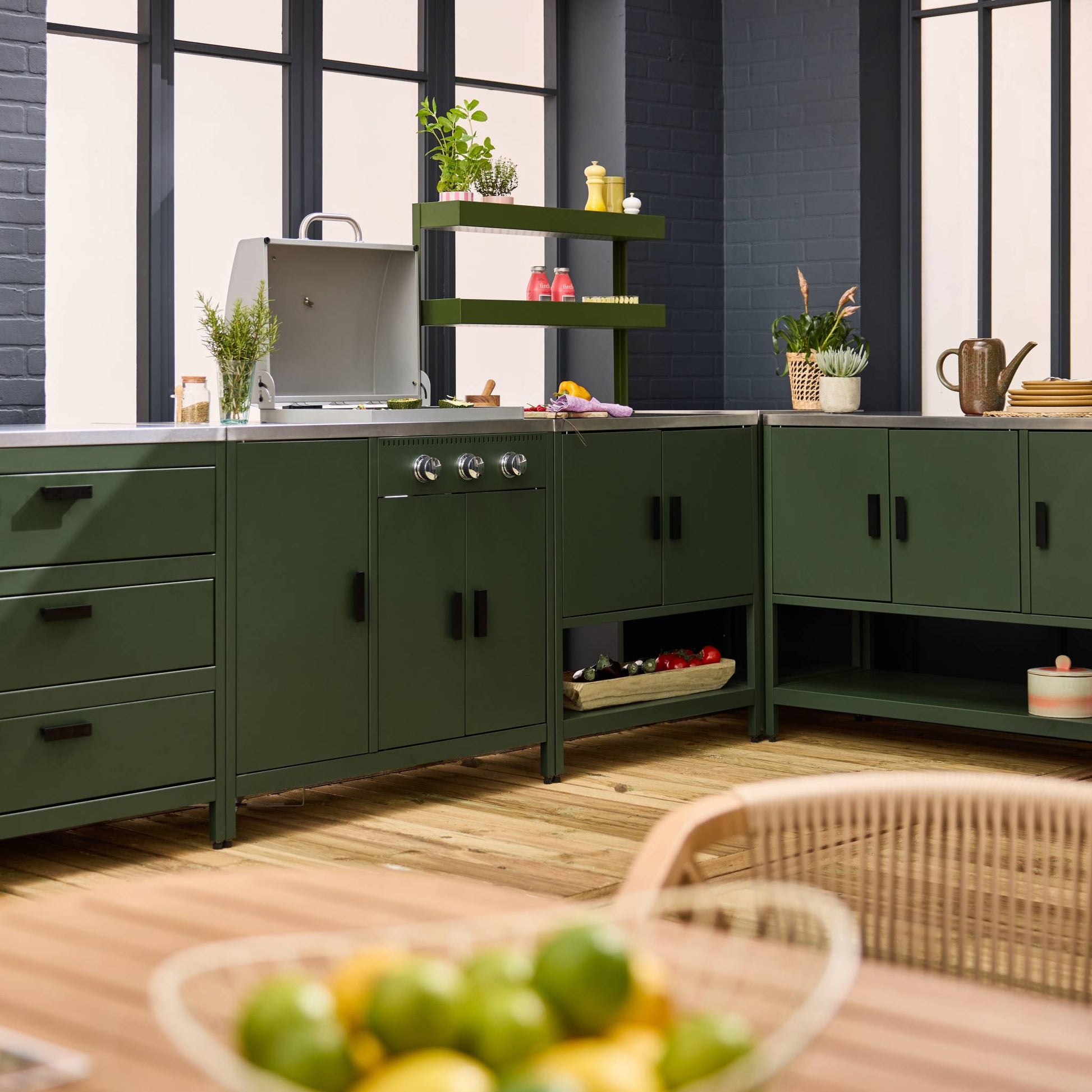 Cucina esterna 5 moduli con barbecue a gas 3 bruciatori, verde