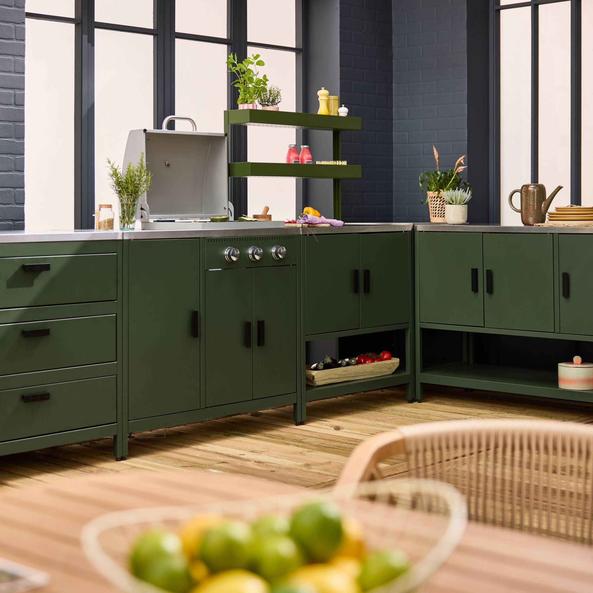 Cucina esterna 5 moduli con barbecue a gas 3 bruciatori, verde