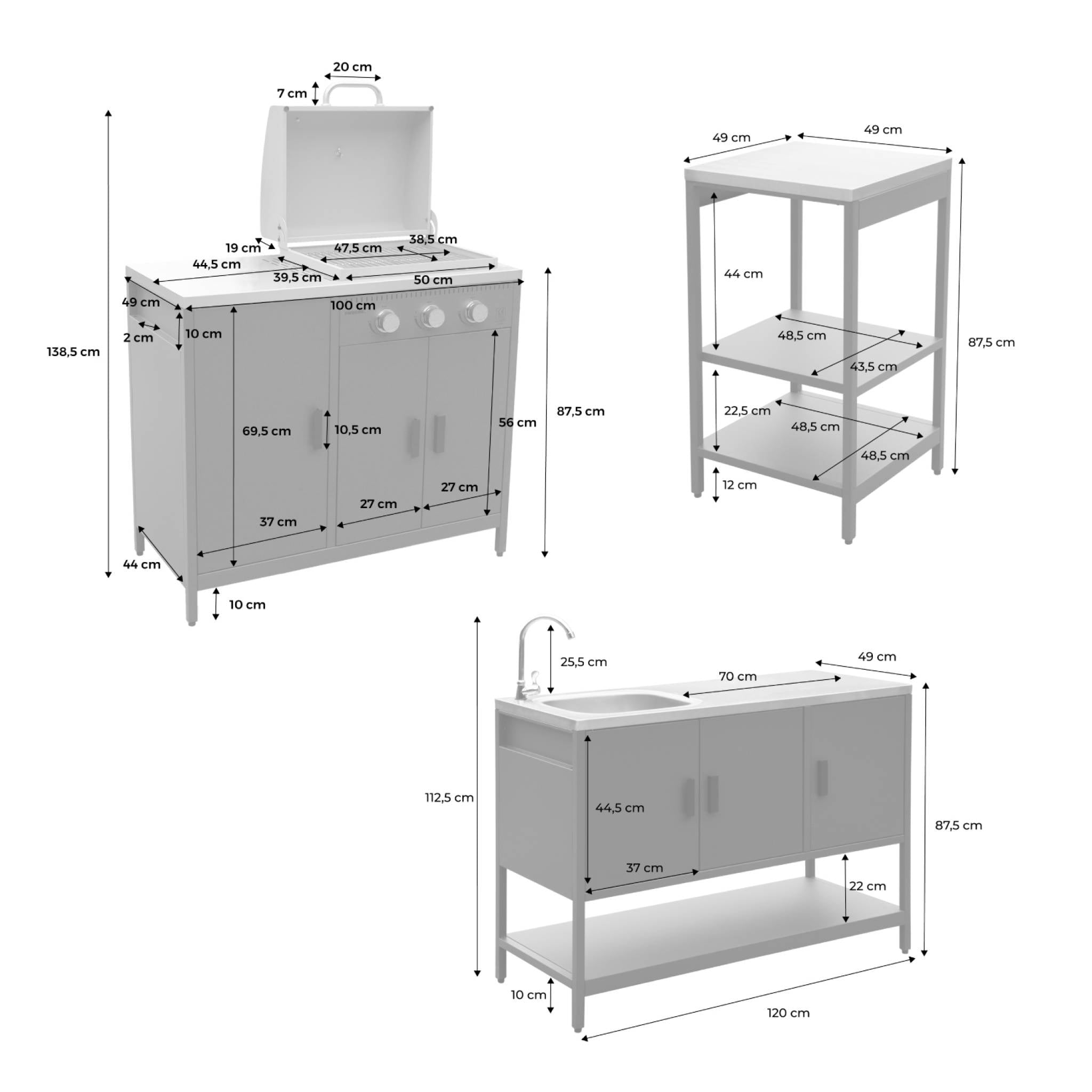 Cucina da esterno 3 moduli con barbecue a gas 3 bruciatori su piedi,