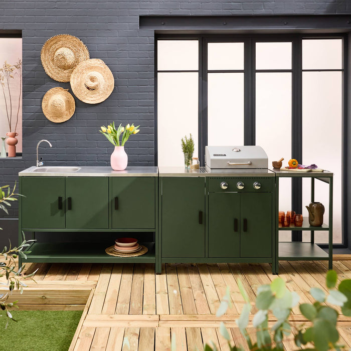Cucina da esterno 3 moduli con barbecue a gas 3 bruciatori su piedi,